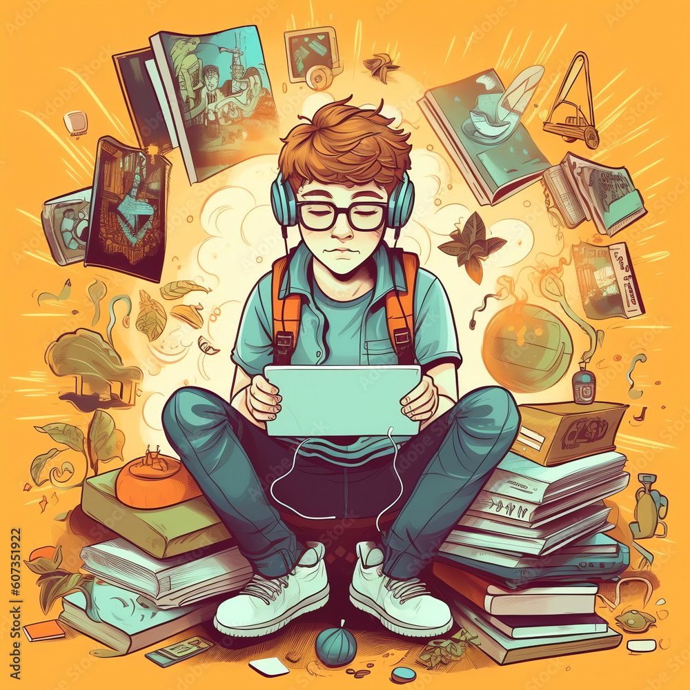 Aufkleber Generative AI Studying boy - vector illustration with young student with a computer, many books and papers. Square academic cap. Education concept illustration
