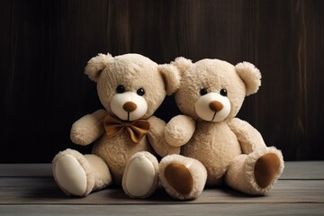 Illustration of two beautiful beige soft teddy bears sitting in an embrace. Generative AI