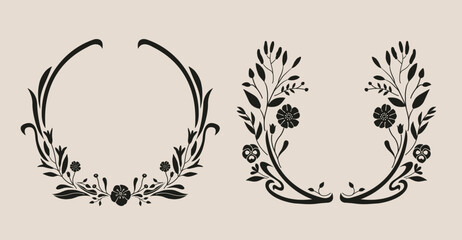 Art nouveau style flower frame. Flower and leaf border, branch, wreath, garland decoration. Isolated botanical vector illustration. Vintage antique classic floral graphic element.