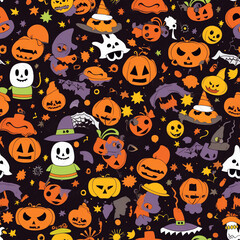 Generative AI Halloween pattern with different pumpkins, spooky jack o lantern, spiders and bats