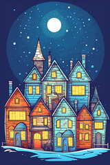 Generative AI Merry Christmas town illustration with cute houses, night sky and flying Santa Claus. Vector greeting card template in in flat style