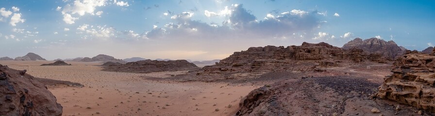 Panorama at sunset in the Wadi Rum desert,