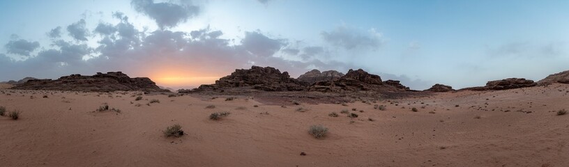 Panorama at sunset in the Wadi Rum desert