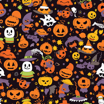 Generative AI Halloween pattern with different pumpkins, spooky jack o lantern, spiders and bats