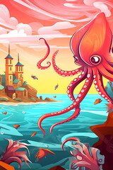 Generative AI Sea animals with landscape - cute cartoon vector illustration of octopus