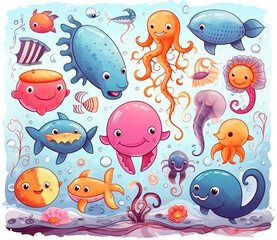 Fototapeta premium Generative AI Sea life, marine animals set with underwater landscape - seahorse, star, octopus, turtle, shark, fish, jellyfish, dolphin, crab. Cute cartoon vector illustration in flat style