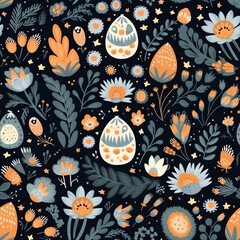 Generative AI Easter spring pattern with cute flowers and leaves. Hand drawn flat cartoon elements. Vector illustration