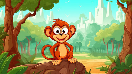 Generative AI Wild animals with landscape - cute cartoon illustration of monkey