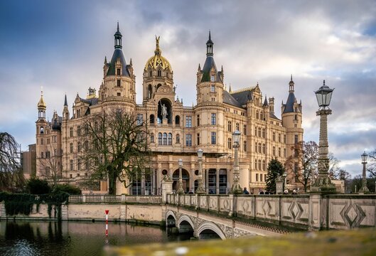 Schwerin Castle in Schwerin, Germany against blue cloudy sky background