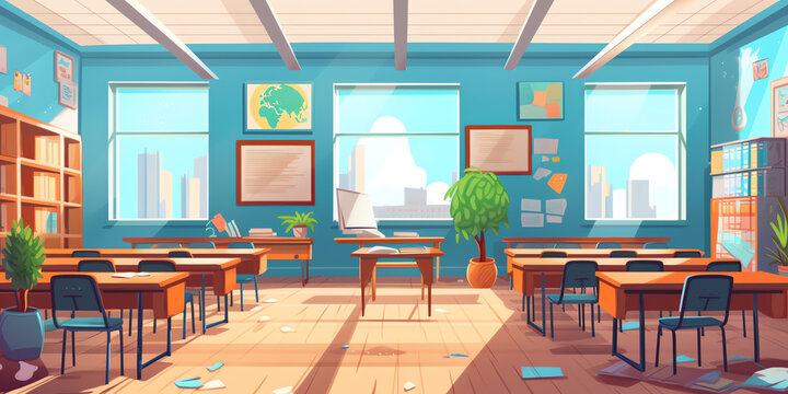 Generative AI School classroom interior with desks, map behind, back to school concept. Vector illustration in flat style