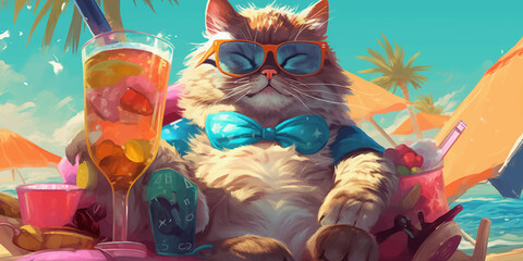 Coole Katze mit Sonnenbrille und Cocktail liegt am Strand im Sommer - Generative AI