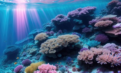 Naklejka na ściany i meble Beautiful underwater view with tropical colorful coral reefs. Generative AI