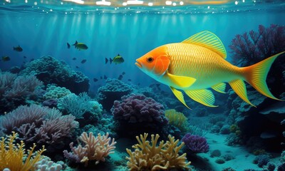 Beautiful underwater view with tropical fish, coral reefs. Generative AI