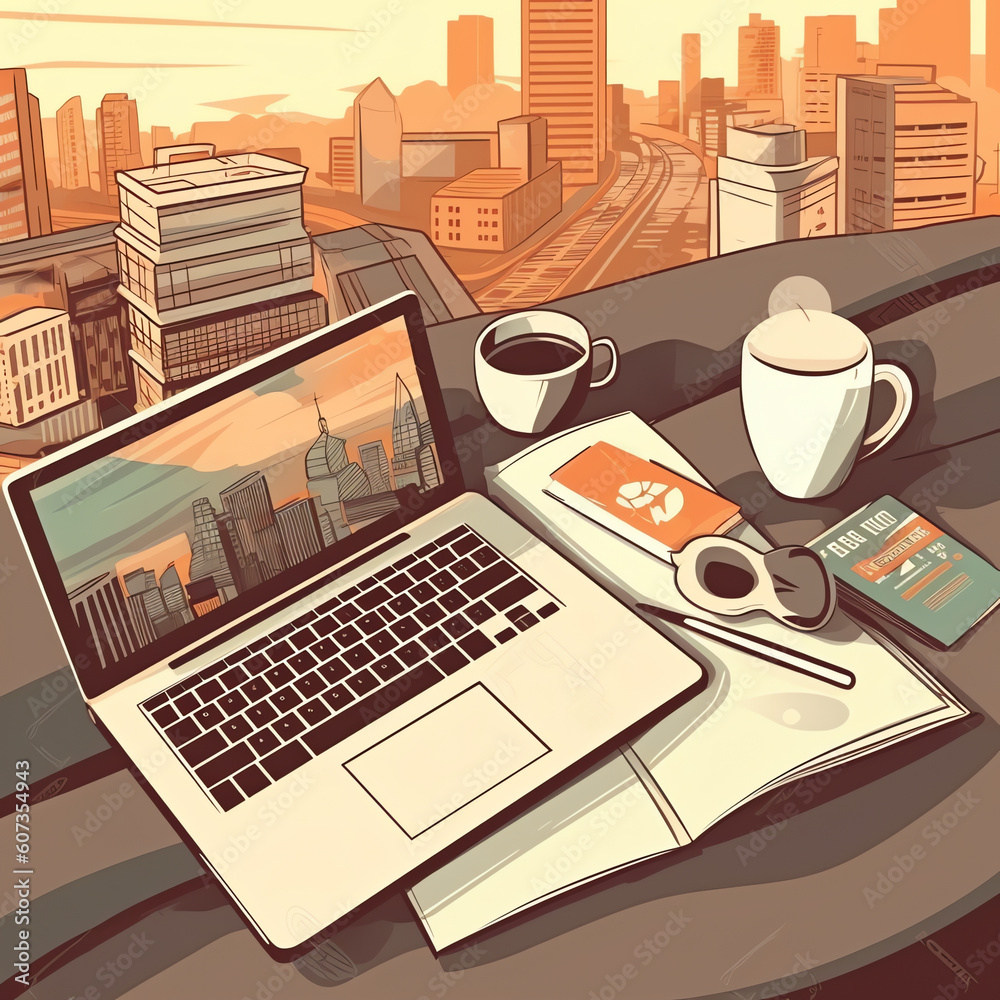 Aufkleber generative ai business top view scene with computer, documents, calculator, notepad, coffee cup. fla