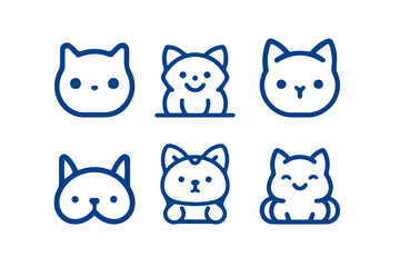Cartoon cat, kitten face line vector icon set isolated