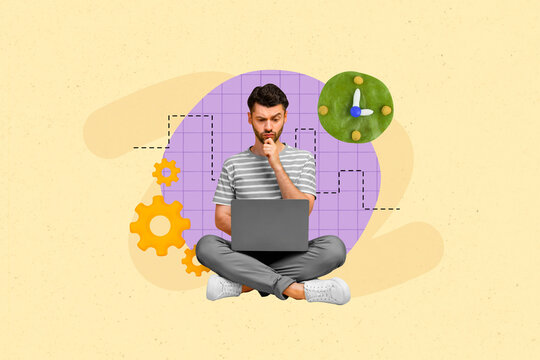 Collage poster 3d picture of minded man it specialist sitting thinking new project startup make money isolated on drawing beige background