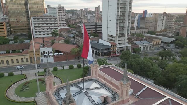 Aerial over the Palacio de L&oacute;pez in the capital city of Asuncion, Paraguay, South America. Drone orbit shot