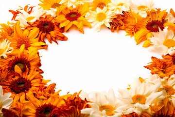 Obraz premium Yellow, orange, ochre and brown flower frame layout with text space, copy space. Wedding concept, Birthday concept, Congratulations concept. Women's Day, Mother's Day, Valentine's Day. Generative AI.