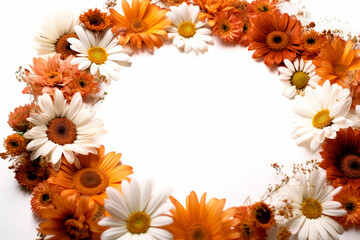 Obraz premium Orange, ochre and brown flower frame layout with text space, copy space. Wedding concept, Birthday concept, Congratulations concept. Women's Day, Mother's Day, Valentine's Day. Generative AI.