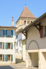 Nyon, Switzerland, 26. May 2023: View of the heart of Nyon Old Town at a sunny summer day