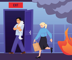 Scared blonde woman with a bag and man with a cat in his arms quickly are evacuating, runing from fire and smoke to the exit, vector Illustration flat design style