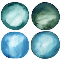 blue abstract watercolor splashes set, paint splashes on an isolated white background, hand drawn