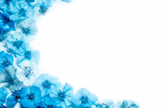 Blue and white flower frame layout with text space, copy space. Wedding concept, Birthday concept, Congratulations concept. Women's Day, Mother's Day, Valentine's Day. Generative AI.