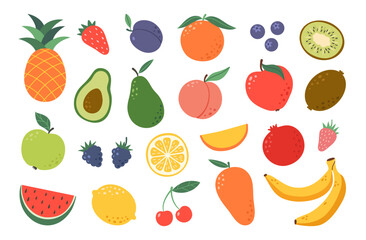 Fototapeta na wymiar Set hand drawn colorful fruits and berries. Natural tropical fruits. Apple, peach, strawberry, banana, pomegranate, pineapple, pear, avocado, cherry. Organic, vegan food illustration.