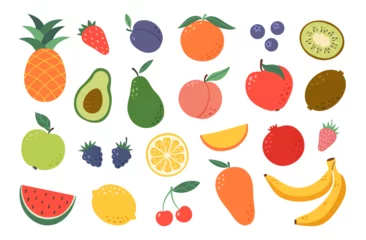 Fotobehang Set hand drawn colorful fruits and berries. Natural tropical fruits. Apple, peach, strawberry, banana, pomegranate, pineapple, pear, avocado, cherry. Organic, vegan food illustration. © Anna Bova