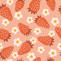 Strawberry and flowers hand drawn seamless pattern. Summer retro background for fabrics, decorative paper. Textile print for kids. Vector illustration.