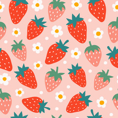 Strawberry and flowers hand drawn seamless pattern. Cute summer background for fabrics, decorative paper. Textile print for kids. Vector cartoon illustration.