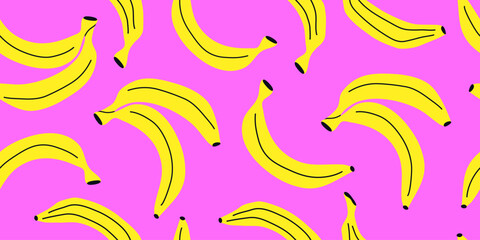 Vector seamless yellow banana pattern. Bright pink background. Trendy hand drawn exotic texture. Modern abstract design for paper, cover, fabric.