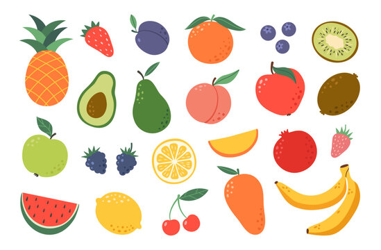 Set hand drawn colorful fruits and berries. Natural tropical fruits. Apple, peach, strawberry, banana, pomegranate, pineapple, pear, avocado, cherry. Organic, vegan food illustration.