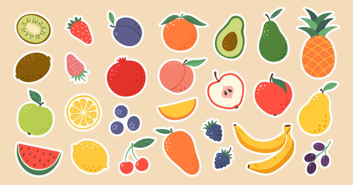 Set of hand drawn colorful fruits and berries stickers. Natural tropical fruits. Apple, peach, strawberry, banana, pomegranate, pineapple, pear, cherry. Organic, vegan food illustration.
