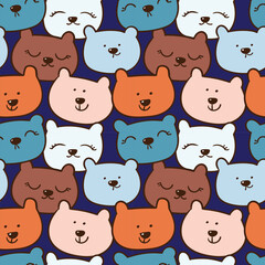 Seamless Pattern with Cartoon Bear Face Design on Dark Blue Background