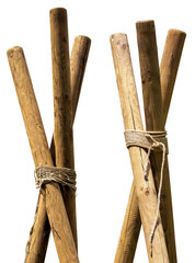 Close-up of a group of poles and ropes in a scout camping isolated on white or transparent background.Handmade by boy and girl scouts. Png.
