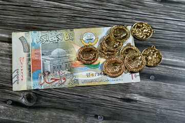 one Kuwaiti dinar bill banknote 1 KWD with influences of Ancient Greek Civilization in Kuwait...