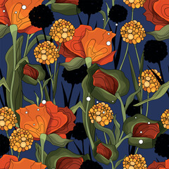 Seamless botanical pattern. Different herbs and flowers, hand-drawn. Vintage vector illustration of flowers. Colorful banner. An idea for wallpaper and textiles. Linear drawing. Rustic style. © zezeland