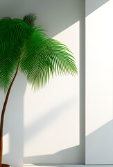 Empty minimal white podium, soft beautiful dappled sunlight, tropical palm leaves shadow on the wall, 3D background