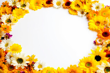 Obraz premium Yellow and orange flower frame layout with text space, copy space. Wedding concept, Birthday concept, Congratulations concept. Women's Day, Mother's Day, Valentine's Day. Generative AI.