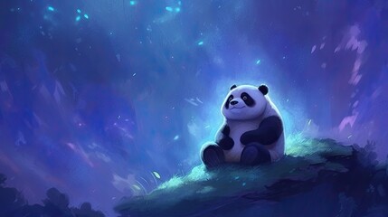 Obraz na płótnie Canvas panda sitting under a starry night sky. dark blues and purples for the sky, the panda with a subtle, dream-like effect. twinkling stars and a crescent moon to create a magical atmosphere