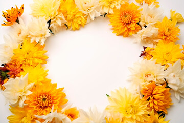 Yellow and orange flower frame layout with text space, copy space. Wedding concept, Birthday concept, Congratulations concept. Women's Day, Mother's Day, Valentine's Day. Generative AI.