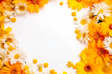 Yellow and orange flower frame layout with text space, copy space. Wedding concept, Birthday concept, Congratulations concept. Women's Day, Mother's Day, Valentine's Day. Generative AI.