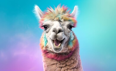 Obraz premium Charming smiling llama against a bright pastel background. Generative AI.