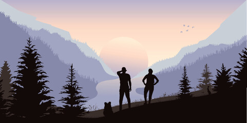 Mountains landscape poster. Tourist silhouettes on rock. Outdoor panorama of hills and forest. Adventure scene. Tourism background