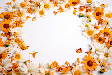 Obraz premium Vivid summer flower frame layout with text space, copy space. Wedding concept, Birthday concept, Congratulations concept. Women's Day, Mother's Day, Valentine's Day. Generative AI.