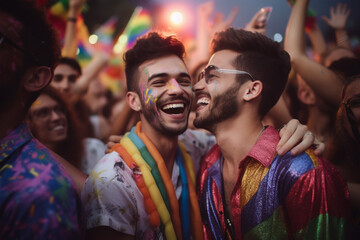 Smiling Generative AI Couple at LGBTQ+ Gay Pride Parade in Sao Paulo. Love and Diversity in the LGBTQ+ Community. Sao Paulo Pride Month Celebration