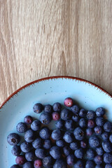 Turquoise plate with fresh blueberries on wooden background. Top view.