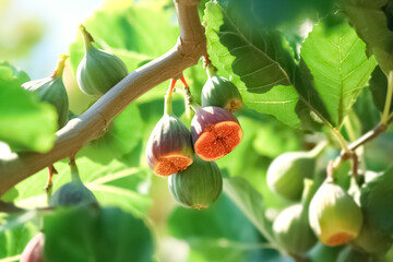 Branch of fig tree ( Ficus carica ) with leaves and fruits. generative ai