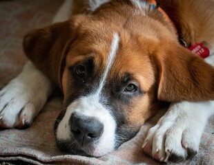 Closeup portrait of a Saint Bernard puppy laying indoor on a blanket looking at camera